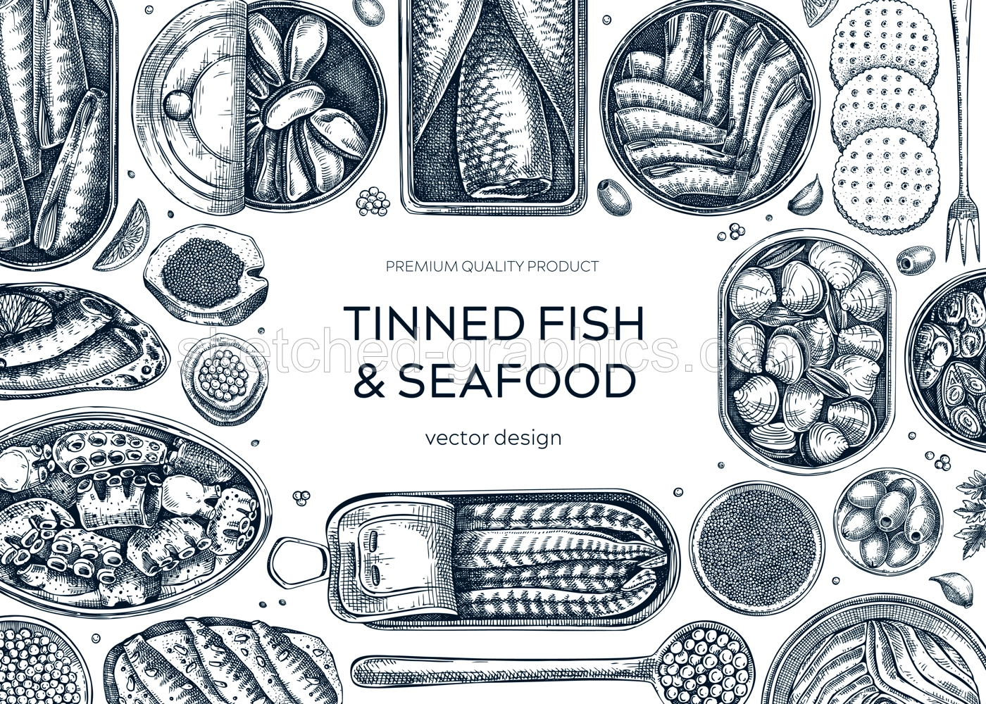 Tinned fish frame design. Seafood background with hand-drawn sardines, anchovy, mackerel, tuna, mussels in tin cans, fish canapes, olives, lemons drawings. Finger food party banner. Tinned fish sketch Illustration